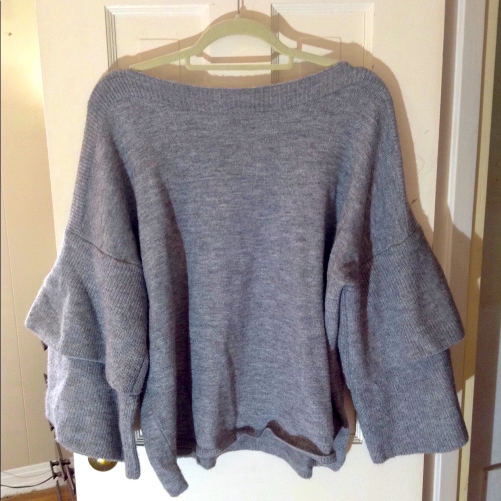 Gray Ruffle Sleeve Sweater